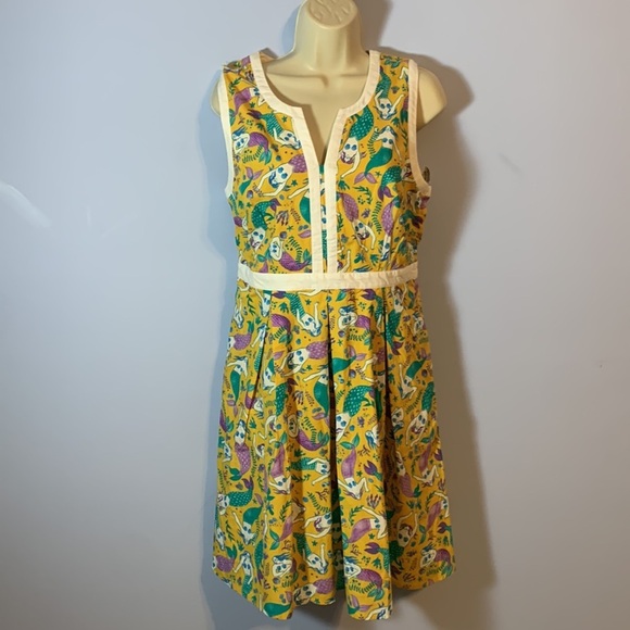 ModCloth Yellow purple teal Mermaid Cotton fit and flare sleeveless dress large - Picture 3 of 12